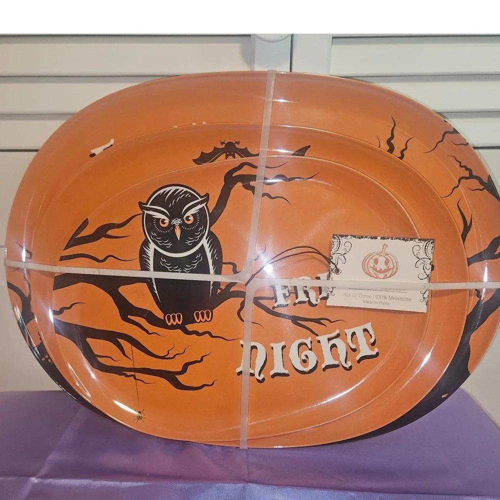 Hallow Home Halloween Fright Night Owl Melamine Platter Set of 3 Orange Black